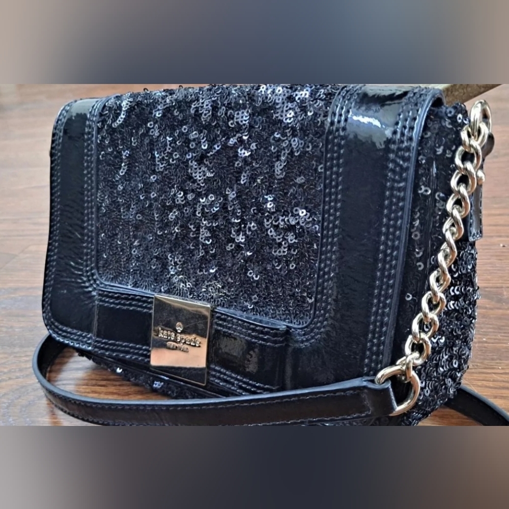 Kate Spade Patent Leather Sequin Holiday Party Black Tie Clutch Crossbody bag